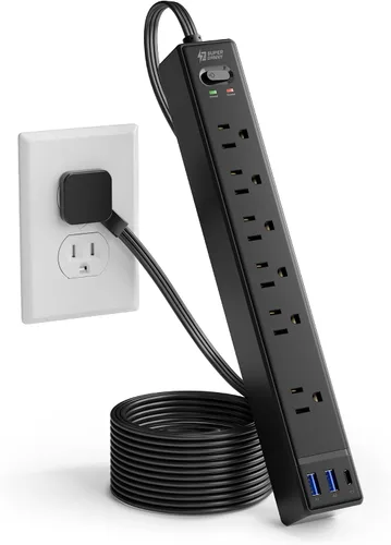 Vista 9 de SUPERDANNY - Protector de sobretensión con enchufe plano, tira de alimentación, cable de extensión ultra delgado de 6 pies con 3 USB