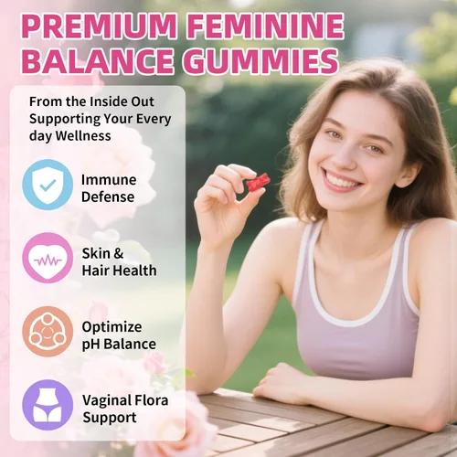 Vista 3 de Gomitas de equilibrio femenino premium, gomitas femeninas de piña hawaiana para mujeres, equilibrio de pH y salud vaginal, veganas, 60 gomitas