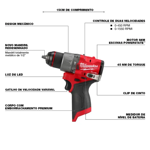 Vista 3 de Milwaukee Electric - M12 Fuel. Taladro percutor/desarmador de 1/2