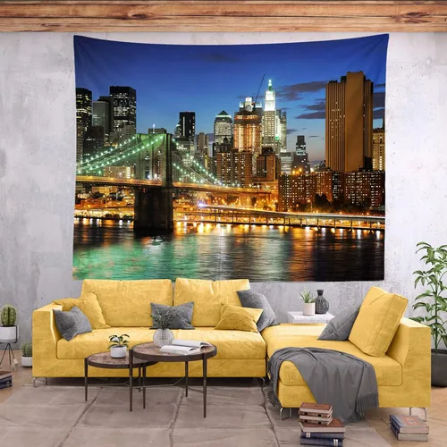 Vista 2 de Loccor Tapiz de la ciudad de Nueva York, puente de Brooklyn, Manhattan, horizonte nocturno, río Hudson, tapiz de pared de rascacielos urbano