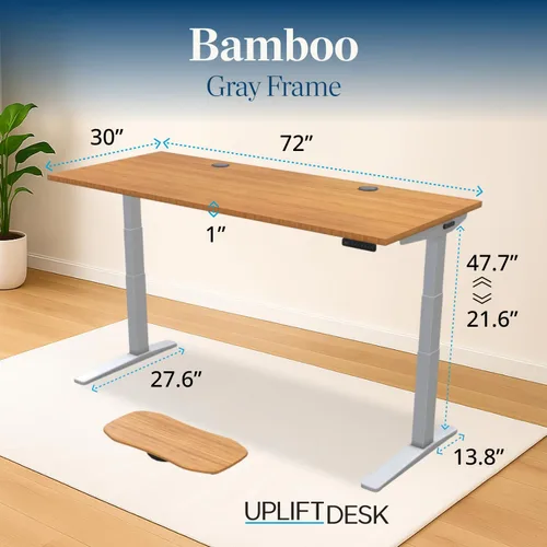 Vista 2 de UPLIFT - Escritorio de bambú V2 de 1 pulgada de grosor, marco de altura ajustable, teclado avanzado con memoria y ojales para cables, tabla Motion-X