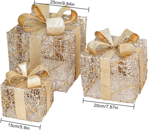 Vista 2 de Juego de 3 cajas de regalo iluminadas de Navidad, cajas de regalo iluminadas de Navidad con lazo, cajas de regalo preiluminadas, cajas de Navidad