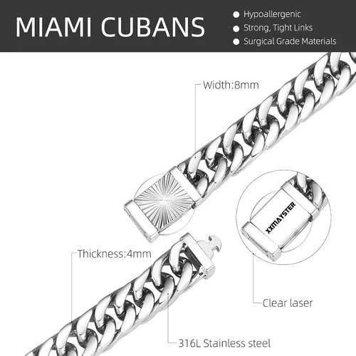 Vista 2 de XXMAYSTER Cadena de eslabones cubanos para hombre, acero inoxidable 316L, 0.315 in de ancho, patrón de moda, botón a presión, joyería de hip hop