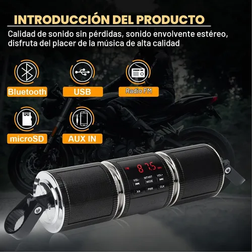 Vista 5 de Sistemas de altavoces para motocicleta BT impermeables, altavoces estéreos, montaje de barra de 7/8-1.25 pulgadas con entrada AUX, USB, microSD