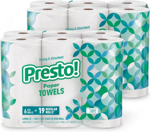 Vista 9 de Presto! Toallas de papel, 128 hojas, 6 rollos Flex-a-Size Rollo familiar 3 paquetes de 2 Blanco