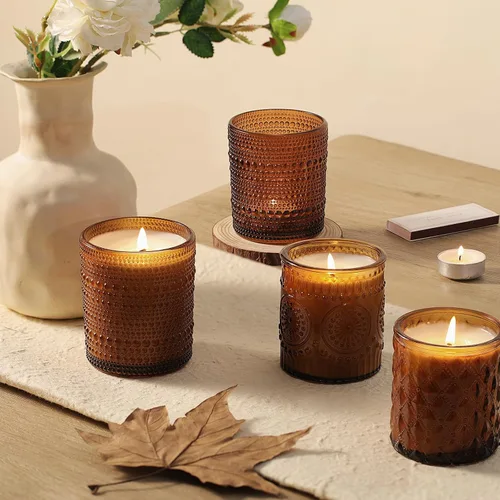 Vista 7 de DARJEN Paquete de 12 tarros de vela de ámbar para hacer velas - 3 estilos de tarros de vidrio para hacer velas a granel con tapas de bambú