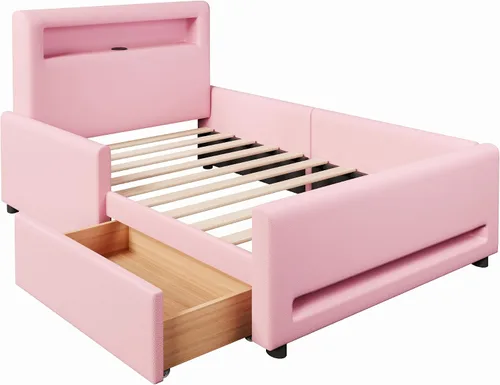 Vista 8 de Base de cama tapizada de tamaño individual con cajón de almacenamiento y cabecera de estante, cama suave de piel sintética con luz LED, carga USB