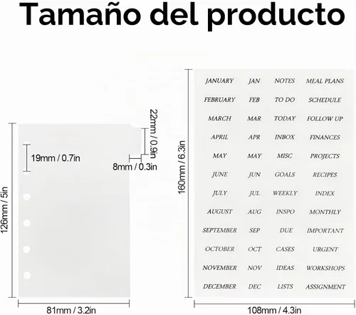 Vista 6 de Koqye 12 separadores de carpetas de bolsillo A7 de 6 anillos con pestañas