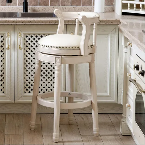 Vista 16 de RAINMOOD Taburetes de bar giratorios de cuero genuino beige mostrador de barra de madera con reposapiés para cocina, comedor, sala de estar