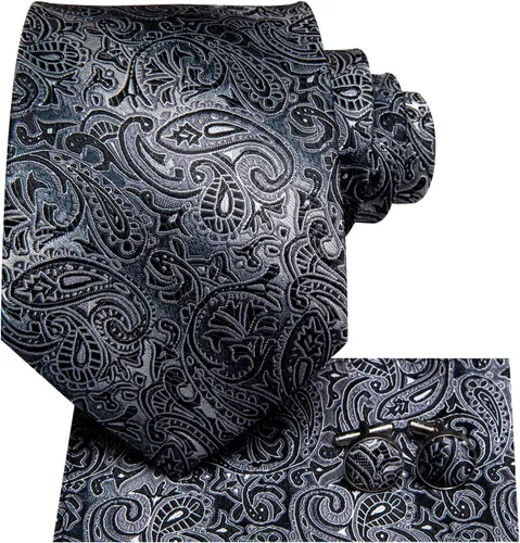 Vista 2 de Hi-Tie Corbatas de seda para hombre, diseño de cachemira a rayas, con bolsillo, gemelos cuadrados, conjunto formal de negocios