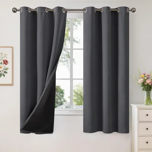 Vista 96 de YoungsTex - Cortinas 100% opacas para dormitorio, con aislamiento térmico y ojales, cortinas oscuras negras con capa pesada para ventana de sala