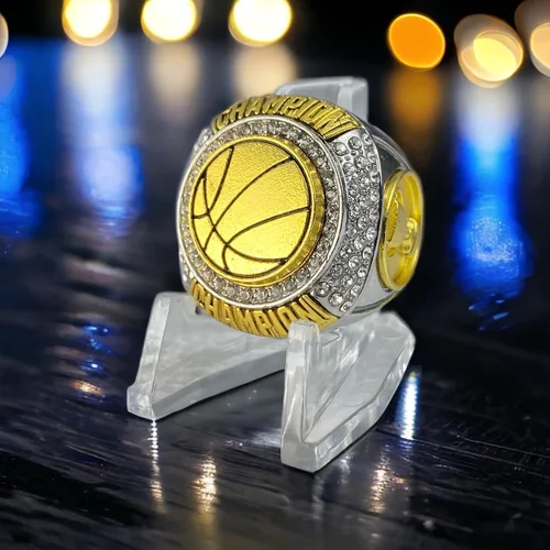 Vista 2 de Paquete de 1 o 12 anillos de trofeo de campeonato de baloncesto, regalo plateado y dorado para ganador de torneo o campeón de liga