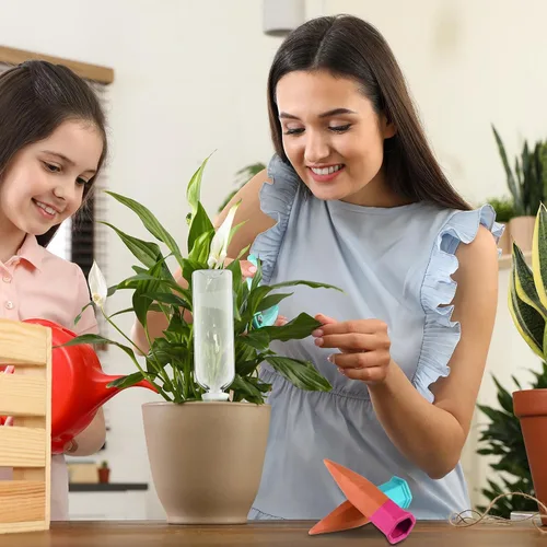 Vista 5 de Ziliny Paquete de 4 dispositivos de picos de riego de terracota, picos de riego automático para plantas con botellas de vino de plástico de 25
