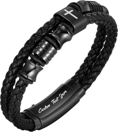 Vista 10 de TempBeau Pulsera de cuero negro cristiano para hombres, pulsera de cuero trenzado de doble fila con cruz de fe para hombres, regalo de joyería