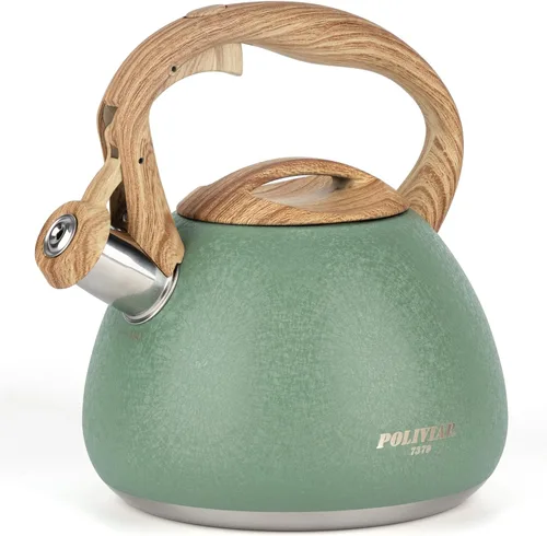 Vista 8 de POLIVIAR Hervidor de té, 2.7 cuartos de galón con acabado azul y mango de madera con silbato fuerte, tetera de acero inoxidable de grado