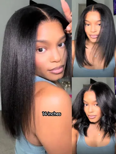 Vista 2 de UNICE Yaki Peluca Bob Recta de Cabello Humano con Cordón Adiós Nudos Sin Pegamento 7x5 Pelucas Frontales de Encaje de Cabello Humano Pre Desplumadas
