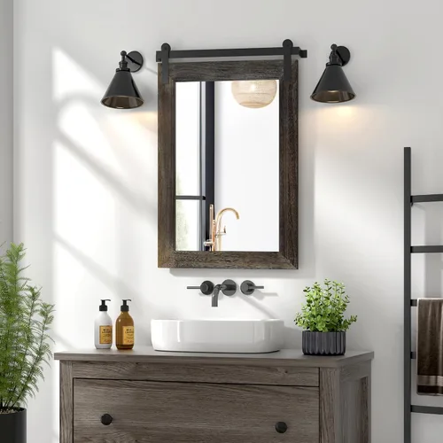 Vista 49 de COGOOD Espejo de puerta de granero de granja, 25 x 18 pulgadas, espejo decrativo con marco de madera rústica para baño, sala de estar, decoración