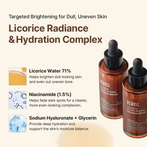 Vista 5 de ACWELL Licorice pH Balancing Advanced Facial Serum Ampolla – Cuidado de manchas oscuras y tonos desiguales con niacinamida, suero diario hidratante