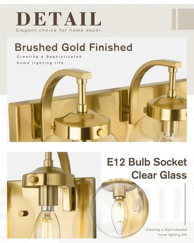 Vista 2 de Beionxii BX-VL03BG-3CG - Lámpara de tocador de baño de 3 luces de oro cepillado, modernas luces de tocador con pantalla de vidrio transparente