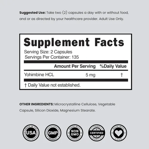 Vista 7 de Yohimbine HCL 5mg para hombres y mujeres (270 cápsulas) más potente que el polvo de corteza de Yohimbe - Garantía de calidad - Probado por terceros