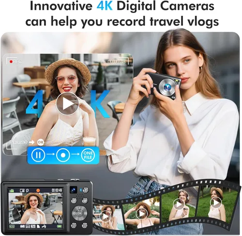 Vista 2 de Cámara digital 4K, cámara de videoblogs de 64 megapíxeles con enfoque automático y lente dual, zoom digital 16X, cámara compacta de YouTube