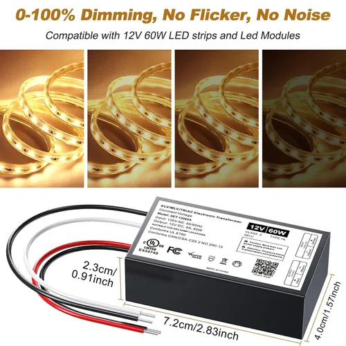 Vista 2 de Controlador LED regulable de 12 V, transformador LED Triac ELV/MLV de 60 W compatible con interruptores Lutron y Leviton, fuente de alimentación LED