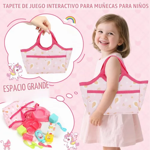 Vista 5 de deAO Juego de Cochecito de Muñeca Bebé con Muñecas Bebé de 12" Juego de Guardería de 17 PIEZAS Accesorios para Muñecas Bebé con Tapete de Juego