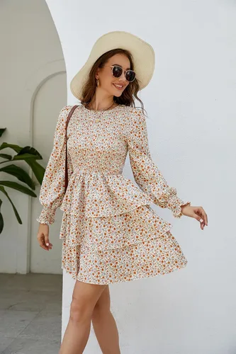 Vista 3 de Moreone Vestido de manga larga con cuello redondo fruncido para mujer, estampado floral, escalonado, volantes, acampanado, mini vestido fluido