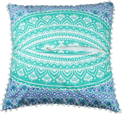 Vista 5 de Funda de cojín de piso de algodón. 26 pulgadas, con encaje de borlas decorativo y diseño de mandala.