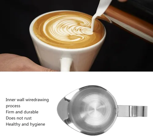 Vista 8 de Jarra de espuma de leche, taza ergonómica para espumar leche de acero inoxidable 304, jarra de vapor de leche para café, accesorios para máquina