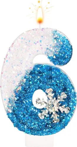 Vista 8 de Velas de cumpleaños del 0 al 9, velas de números con purpurina de copo de nieve, decoración de pasteles blancos y azules para niños y adultos