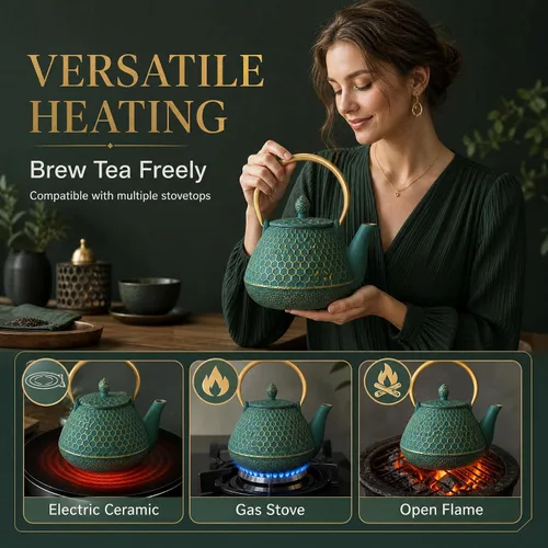 Vista 9 de YJX 54oz Cast Iron Tea Kettle for Stovetop, Green Teapot Japanese Tetsubin, Enameled Interior, Heavy and Durable, Large Tea Pot With Infuser for