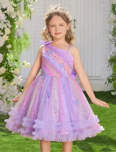 Vista 2 de IBTOM CASTLE Vestido de cumpleaños para niñas, con corazón, de tul, con destellos, de princesa, para bebé, vestido de niña de flores, para boda