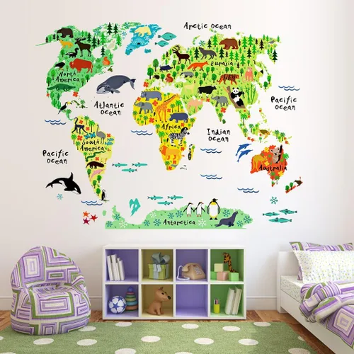 Vista 3 de Calcomanías de pared de mapa del mundo de animales para dormitorio y sala de estar