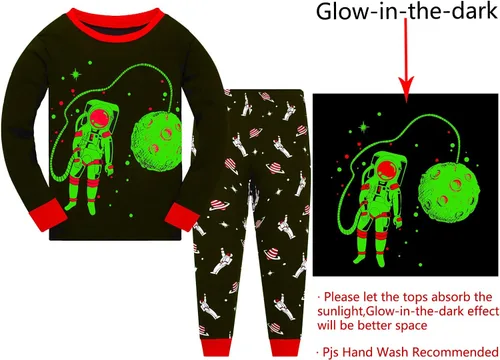 Vista 2 de Akyzic Pijamas de planeta para niños pequeños, dinosaurio, algodón, para niños, camión, 2 piezas, tren, ropa de dormir, conjunto de ropa de dormir