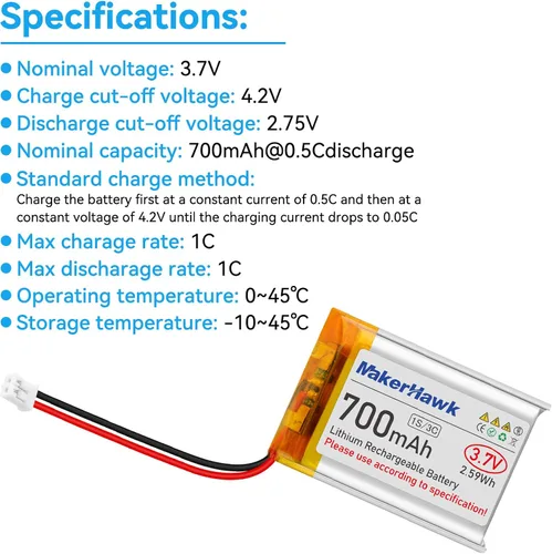 Vista 2 de MakerHawk Batería Lipo de 3,7 V 700 mAh Batería recargable de polímero de litio 603040 Micro Ph1.25 Conector Circuito de protección integrado