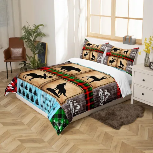 Vista 5 de Juego de funda de edredón para niños de ciervo, oso, lobo, tamaño individual, juego de ropa de cama de cabaña de aventura para niños, niñas