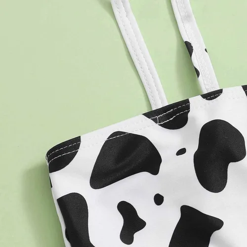 Vista 2 de Traje de baño para niña con estampado de vaca, pantalones cortos de color sólido, traje de baño de verano, 3 piezas, cintura alta (negro, 10 años)
