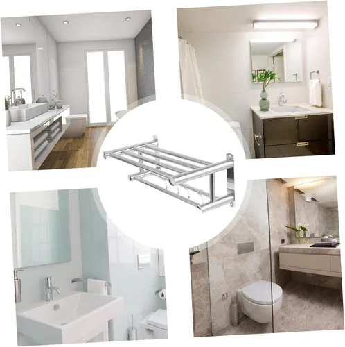 Vista 7 de OSALADI Toallero de baño con,Toallero de baño doble con estante, Toallero doble montado en la pared con estante Estante de baño de hotel de acero