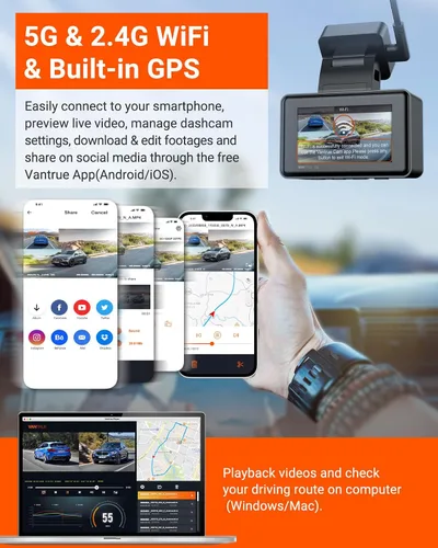 Vista 4 de Vantrue Cámara de tablero E2 delantera y trasera, cámara trasera de 2.7 K, STARVIS dual, cámara de tablero de 2.7K + 2.7K para automóviles, control