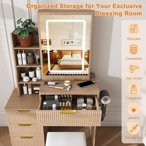 Vista 3 de Elysionix Pequeño escritorio de maquillaje a rayas de madera con espejo deslizante, luz ajustable, toma de corriente, taburete acolchado, estante