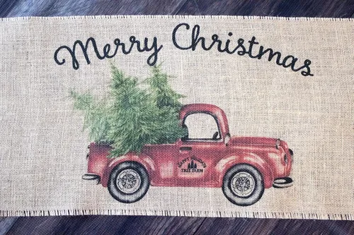 Vista 5 de Camino de mesa vintage de arpillera con diseño de camión rojo feliz Navidad