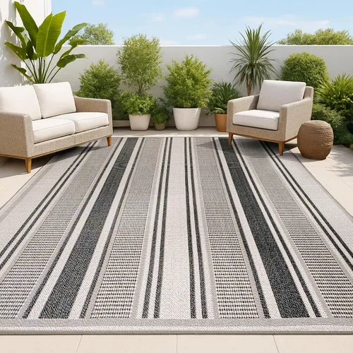 Vista 18 de JONATHAN Y Haynes - Alfombra moderna de doble raya para interiores y exteriores, 8 x 10 pies, color negro y crema, para patio trasero, porche, fácil