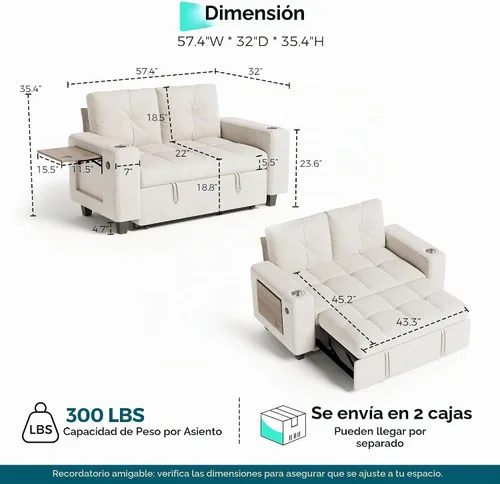 Vista 2 de LINSY HOME Modular Sectional Sofa Bed, Chenille Pull Out Couch 2 Seat Beige