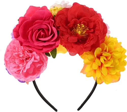 Vista 26 de DreamLily Frida Kahlo NC26 - Diadema con corona de rosas mexicanas para disfraz de fiesta de Halloween