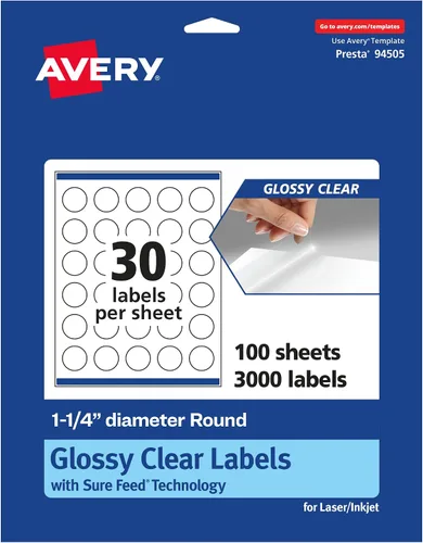 Vista 9 de Avery Etiquetas redondas transparentes brillantes, tecnología de alimentación segura, 1.25 pulgadas de diámetro, 1,500 etiquetas transparentes