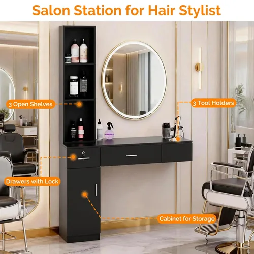 Vista 3 de OmySalon Estaciones de peluquería de montaje en pared, estaciones de salón para estilistas, juego de equipos de peinado con un gabinete de Negro