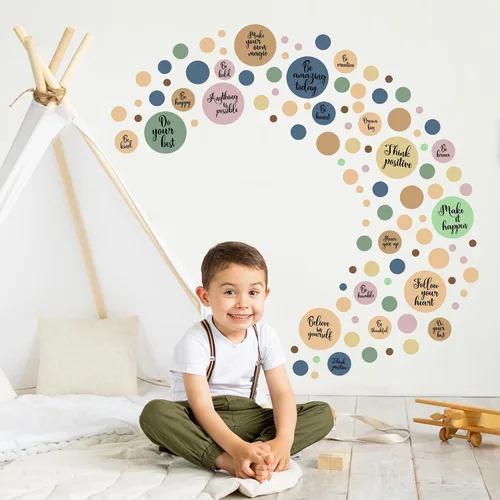 Vista 8 de Calcomanías de pared de lunares, coloridas calcomanías de pared bohemias para niños, calcomanías extraíbles de círculo redondo de arco iris