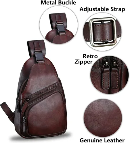 Vista 6 de LRTO Bolso de cuero genuino para hombres y mujeres, estilo vintage, de cuero auténtico, bandolera de hombro, bolso cruzado en el pecho, Café, Único
