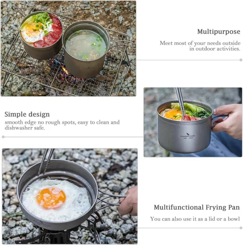 Vista 4 de Juego de sartenes de titanio con mango plegable para acampar al aire libre, sopa, tazón, sartén, kit de utensilios de cocina de picnic